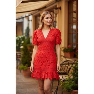 NEW BEULAH Womens M Red Lace Floral V-Neck Mini Dress Puff Sleeves Ruffle Hem